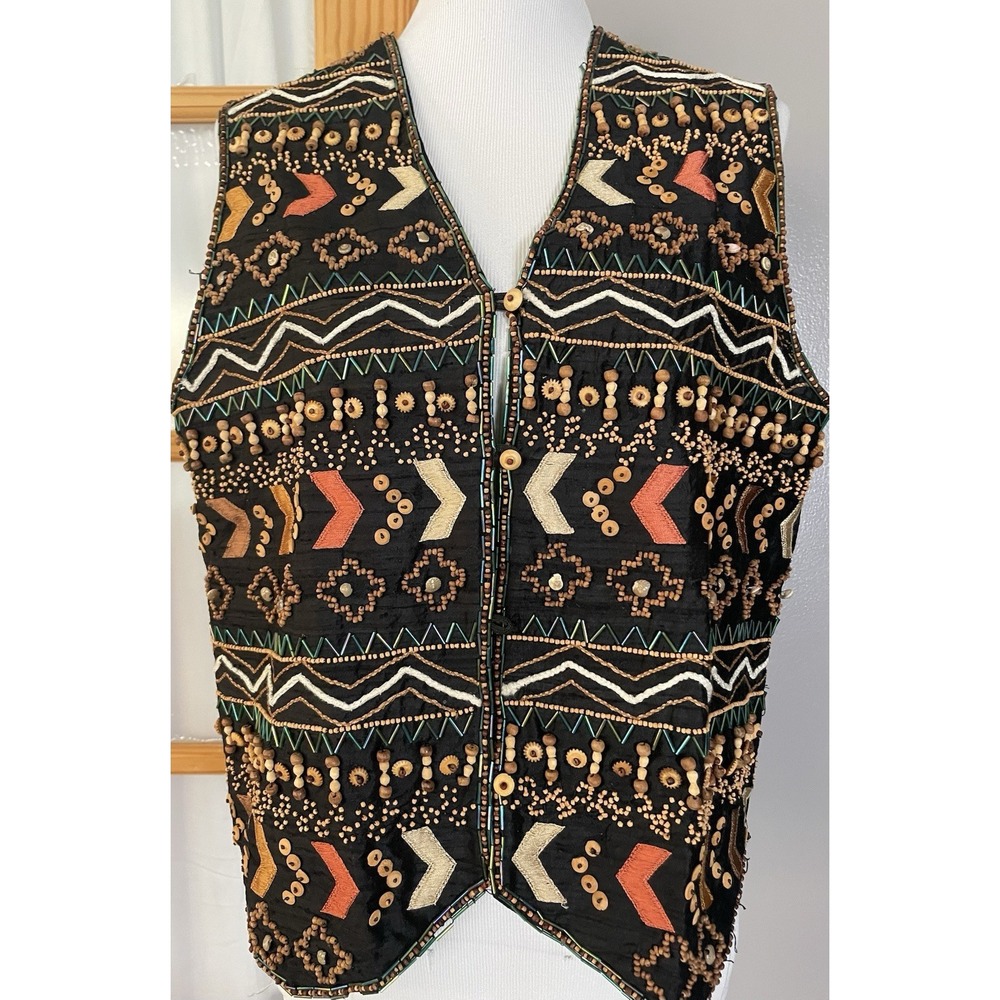Vtg 80s Rafaella Beaded Silk Vest Sz M Black Button Up Aztec Western Cowgirl